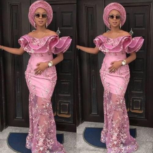 Aso Ebi Style Ruffled Off the Shoulder Evening Formal Dress Mermaid Embroidery Nigeria Prom Gowns Abendkleider Robe de soiree
