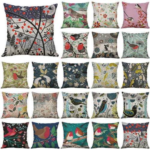 Cotton Linen Pillow 18" Home Cushion Bird Vintage Pattern Cover Case Decor