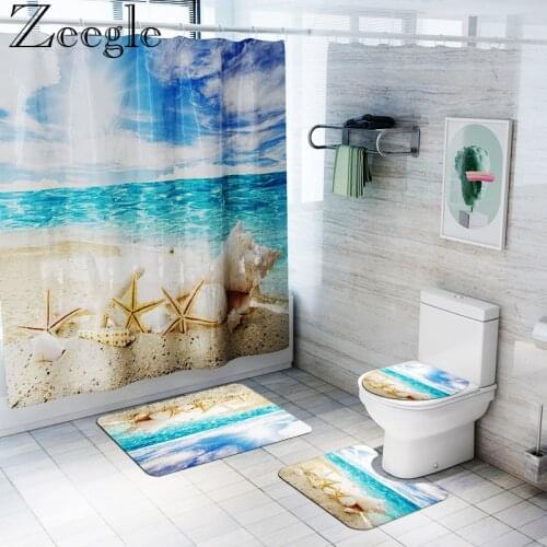Zeegle Polyester Waterproof Bath Curtain Decoration Shower Curtain Anti-slip Bathroom Carpet Toilet Cover Mat Washable Foot Mat