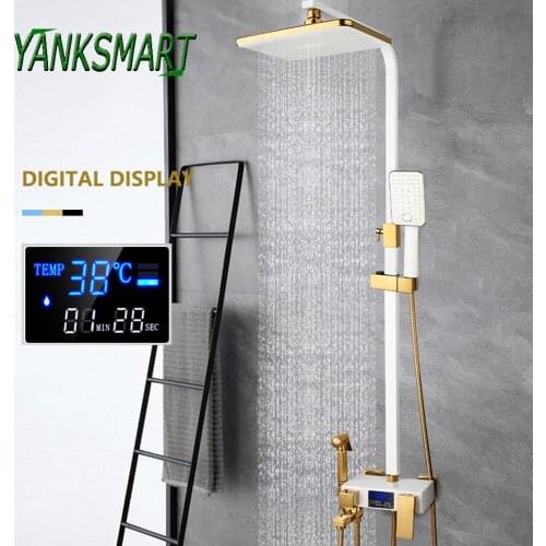 YANKSMART Bathroom Shower Faucet System LED Digital Wall Mount Smart Thermostatic Bath Faucet SPA Rainfall Mixer Water Tap Set