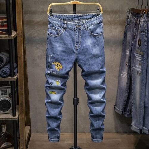 Embroidery stitchwork Boutique European Men Brand Slim Jeans Denim Trousers Stretch Blue Patchwork Hole Pants For Men Ripped
