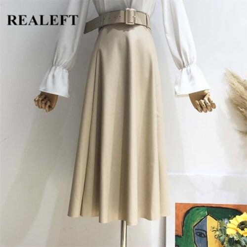 REALEFT Autumn Winter Black Faux PU Leather Long Skirts with Belted 2021 New High Waist Vintage Umbrella A-Line Skirts Female