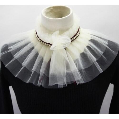 Women Double Layer Mesh High Neck Wedding Shawl Bolero Ruffles Pleated Fake Collar Faux Pearl Decor Knotted Bridal Shrug Wrap
