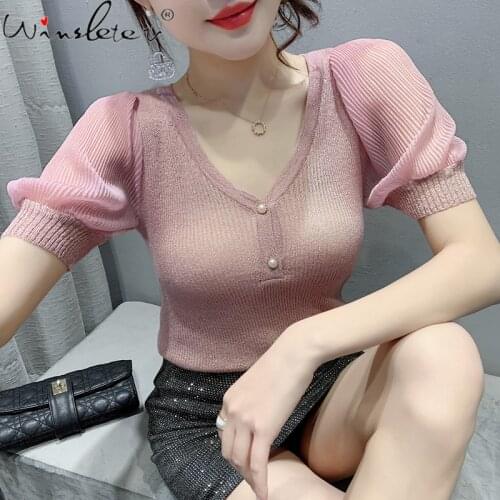 Summer European Clothes Knitted T-Shirt Fashion Sexy V-Neck Button Shiny Women Tops Puff Short Sleeve Solid Tees 2021 T13120A