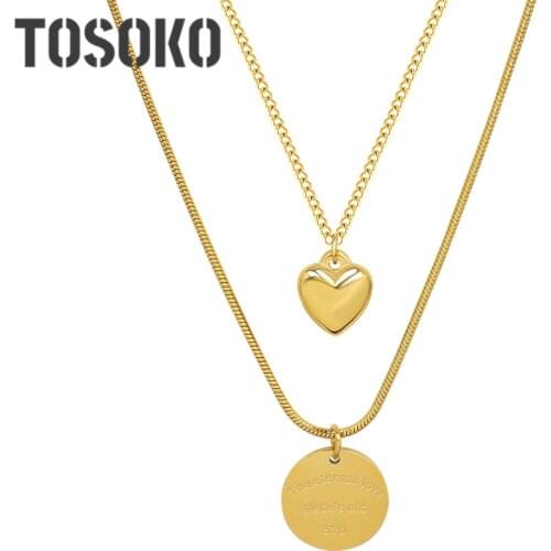 TOSOKO Stainless Steel Jewelry Round Peach Heart Love Pendant 18 K Golden Double Layer Necklace For Women BSP1106