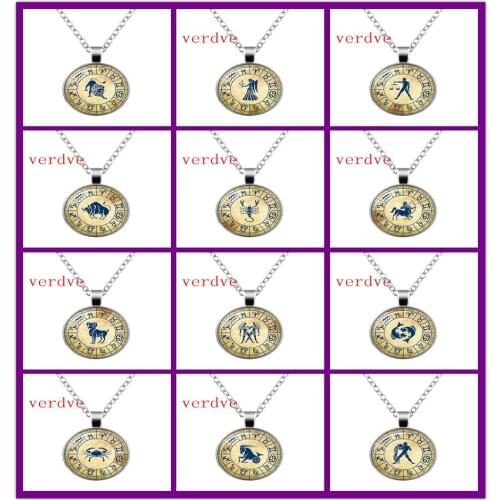 Brand 12 Zodiac Sign Twelve Constellation Glass Cabochon Pendant Necklace Aquarius Pisces Aries Taurus Gemini Pendant