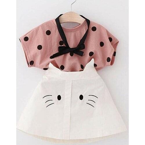 2Pcs Toddler Baby Kids Girls Polka Dot Short Sleeve Shirt Tops + cartoon Print Skirts Girls Children Summer Outfits 2-7Y