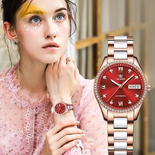 OLEVS Automatic Watch for Women Bracelet Set ceramics Waterproof diamond Date Luxury Mechanical Wristwatch Gifts Montre femme