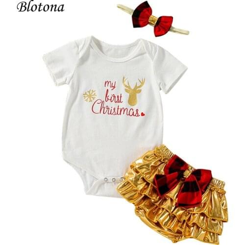 Blotona Baby Girl Romper Tops, Ruffle Pants Christmas Set, Short Sleeve O-Neck Letters Blouse Bowknot Shorts+Headband 0-24Months