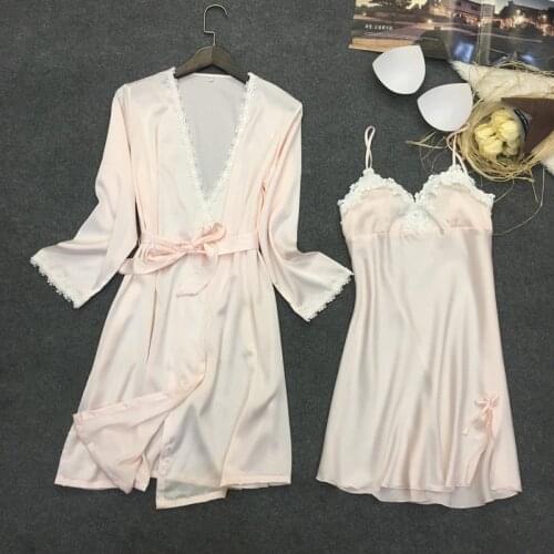 Foply Faux Silk Robe Gown 2 PSC Set Fashion Women Winter Pajamas Set Autumn Sexy Lace Sling Women Sleepwear Pajamas Nightdress