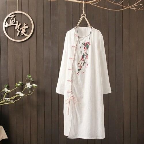 Cotton Chinese Dress Qipao Robe Vintage Femme Vestidos O-Neck Long Sleeves Plate Buttons Cheongsam Han Chinese Clothing 11542