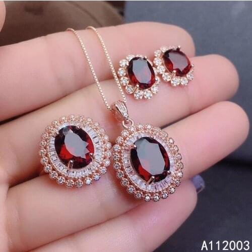 KJJEAXCMY Fine Jewelry 925 sterling silver inlaid natural garnet female ring pendant earring set trendy supports test