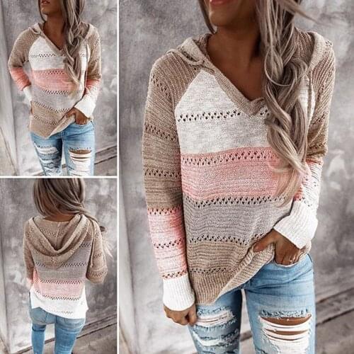 Patchwork Knitted Hoodies Casual V-Neck Long Sleeve Women Sweater Sweatshirt Autumn Plus Size Striped Hoody Woman Knit Pullover