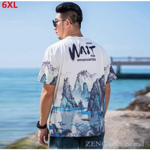 Summer new plus size mens short-sleeved T-shirt Chinese style landscape and landscape printing T-shirt 6XL 5XL