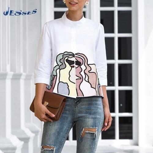 Autumn Mid-sleeve Lady Shirt Cute Style Embroidery Doll Print Blouse Casual Loose Spring Female Fashion Streetwear Plus Size Top