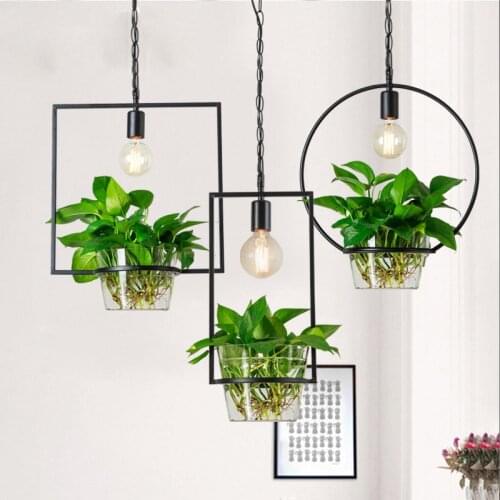 Modern Rural Black Painted Geometrical Iron Holder Chain LED Pendant Light for Living Room Bar Club Green Plant Not Included