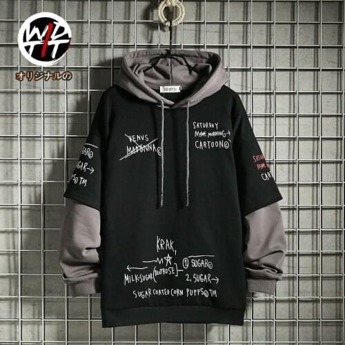 Spring /Autumn Sweater Male Retro Mock Two-Piece Hooded Korean Hip Hop Print Sweatshirt Loose Hoodie Fleece Padded Jacket Mens