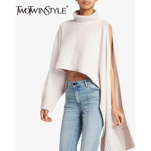 TWOTWINSTYLE Loose Asymmetrical Knitted Tops For Women Turtleneck Long Sleeve Split Casual Sweaters Female Fashion New Spring
