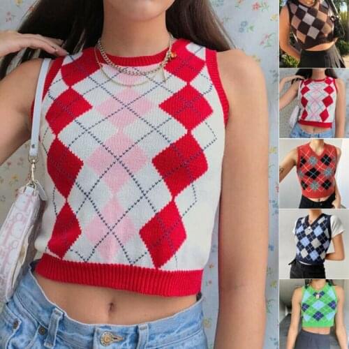 Womens Retro V Neck Sleeveless Plaid Knitted Crop Vest Pullover Sweater Tops UK