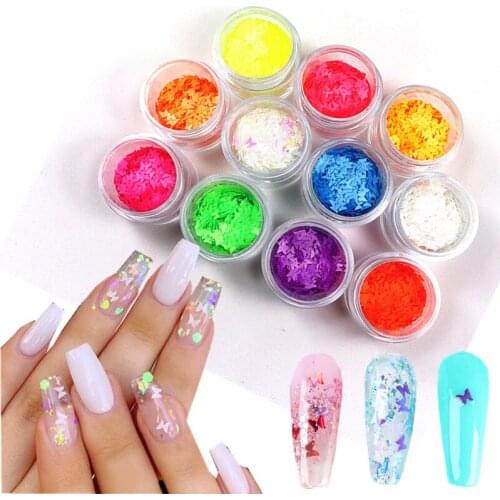 1Box Fluorescence Butterfly Sequins Nail Art Glitter Slices Flakes 3D Mixed Color Sparkly Gel Polish Manicure Decorations