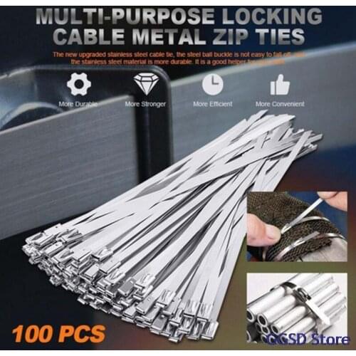100pcs Stainless Steel Cable Ties 4.6mm Heavy Duty Self-Locking Cable Zip Tie Multi-Purpose Metal Exhaust Wrap Locking Ties
