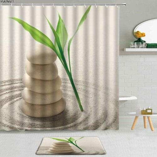 2Pcs Zen Stone Leaf Shower Curtain Desert Green Bamboo Lotus Pebble Butterfly Bathroom Non-Slip Bath Mat Curtains Decor Pad Set