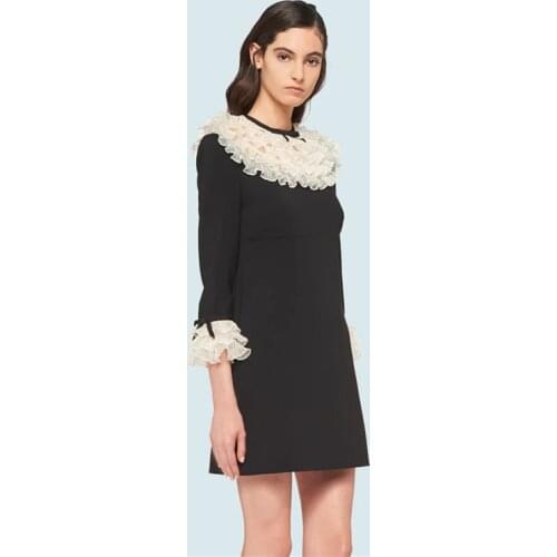 2021 Early Spring New French Ladies Black Dress Flared Sleeves Splicing Oganza Pleated Round Collar Mini Party Dress Women Y771