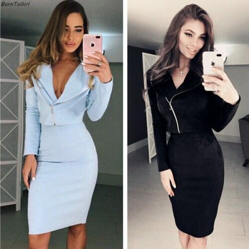 BornToGirl Suede Skirt Suit Open Fork Autumn Winter Zipper Short Jacket + Package Hip Skirt 2 Two Piece Set Suede sets
