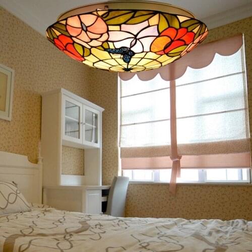 European butterfly 16 inch LED E27 110-240V Pastoral Ceiling Light Tiffany Round Glass Lampshade lamparas de techo abajur