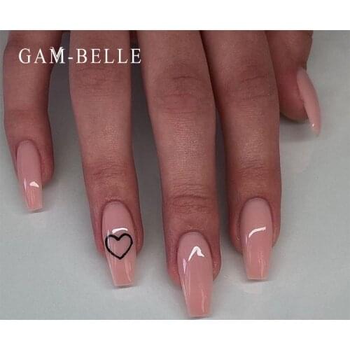GAM-BELLE 24Pcs Fake Nails Long Ballerina French Nude Pink Heart Pattern Design Full Cover Press On Nail Tips With Glue Manicure