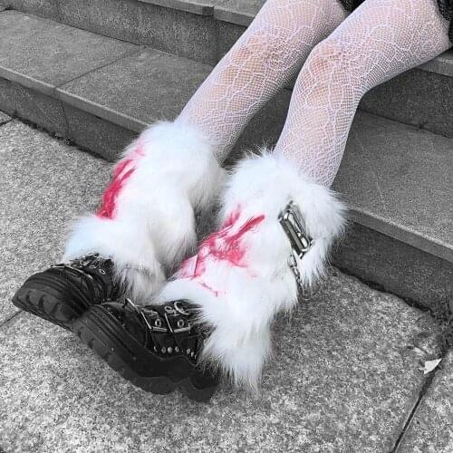Ruibbit New Winter Japanese Knee Sleeve Leg Cover Warm Bloody Metal Chain Harajuku Punk Handmade White Furry Leg Warmer