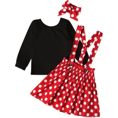 3Pc Set Red Princess dot Skirt + Black Tops Cute Bowknot Hair Band High Waist Overall Red Skirt Baby Kids Girl Clothes