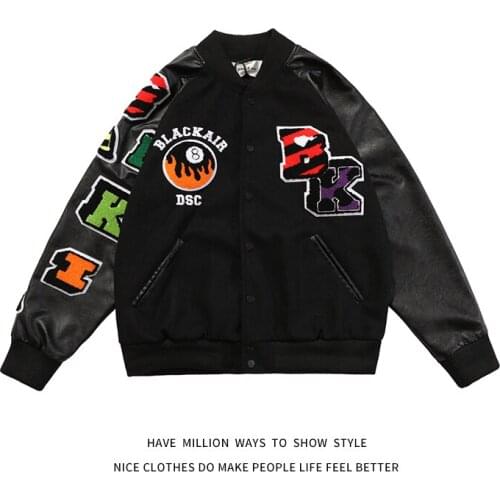 New Arrival Autumn Spring Black Air Embroid Patchwork Women Baseball Bomber Jacket Unisex Men Letterman Varsity Coat Streetwear