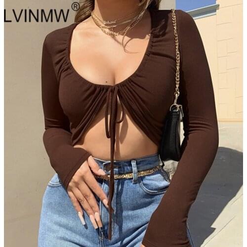 LVINMW Lace Up V Neck Low Cut Solid Slim Sexy Tops Pleated Novelty Long Sleeve Top Women For Autumn Daily Stylish T Shirts