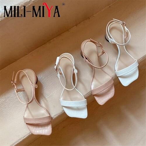 MILI-MIYA Fashion Design Women Cow Leather Sandals Square Toe Buckle Strap Ankle Wrap Square Heels Dress Summer Shoes Size 34-39