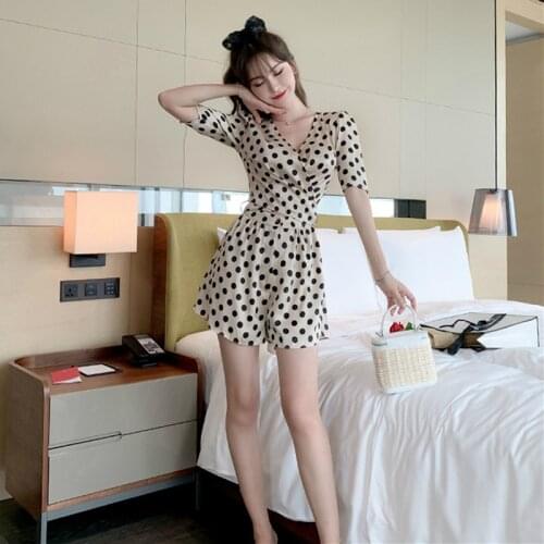 Modis Summer Jumpsuit for Women 2020 Retro Casual Bodysuit Elegant Bandage Bodysuit Polka Dot V-Neck Short Sleeve Playsuits