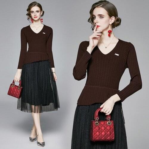 Fashion Mesh Stitching Knitted Maxi Dress 2021 Autumn Winter long Sleeve Sweater A-line Party Dress Vestidos