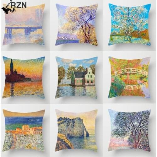 Claude Monet Polyester Printing Cushion Cover Sofa Landscape World Famous Oil Painting Throw Decorative Pillow Case Home Decor