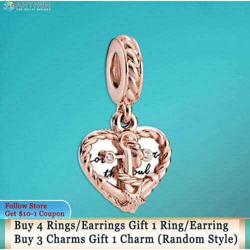Ahthen 925 Sterling Silver Beads Rope Heart & Love Anchor Dangle Charms fit Original Pandora Bracelets Women Jewelry Girl Gift