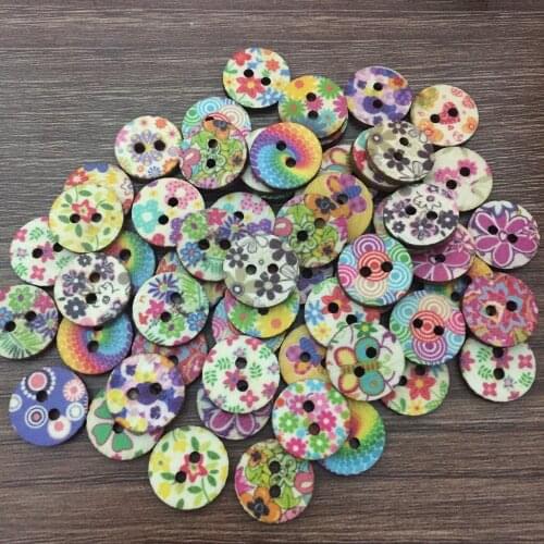 50pcs 15mm Natural Mixed Flowers Florals Buttons For Scrapbooking Sewing Decorative Wood Round Button Crafts