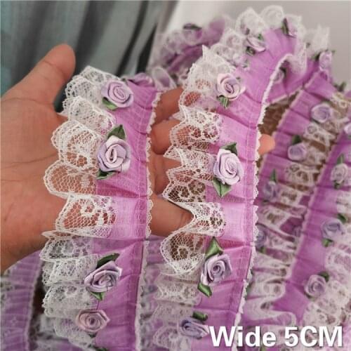 5CM Wide Luxury Voilet Lace Fabric Ribbon 3D Rose Floral Appliques Laces Dress Collar Neckline Trimmings DIY Sewing Handicraft