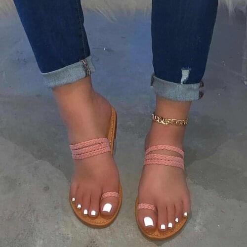 Toe Ring Braid Straps Womens Slippers Flat with Yellow Pink Slides Summer Women Flat Flip Flop Female Beach Shoes