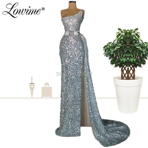 Glitter One Shoulder Evening Gown With Train Long Prom Dresses 2019 Cheap Party Dress Sexy High Split Side Saudi Arabia Dress