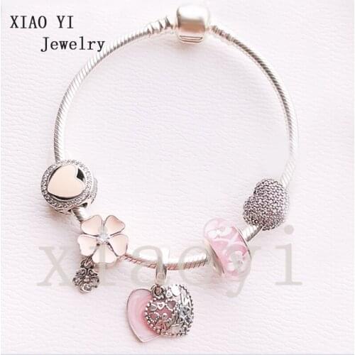 XIAOYI 2020 New 100% S925 Pink flower love coloured glaze romantic fashion gift haute jewelry DIY bracelet wedding party female