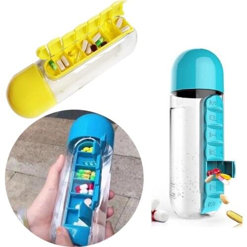 XUNZHE 600ml 2 in 1 Pill Box Outdoor Water Bottle 7 Compartments Medical Organizer With Drinking Bottle Old Man Portable Tablet