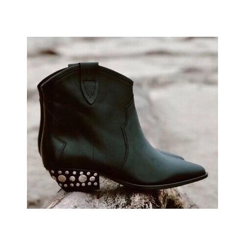 Sestito 2019 Women Slip-on Spring Boots Knight Boots With Rivets Female Pointed Toe Square Heels Ankle Boots Lady Dress Shoes