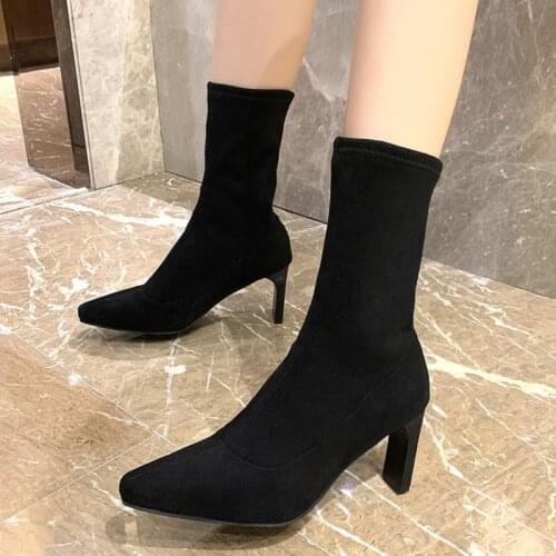 Sexy Sock Boots Women Stretch Slim Mid-Calf Boots High Heels Shoes for Women 2021 Autumn Fashion Slip on Pointed Toe Party Shoe
