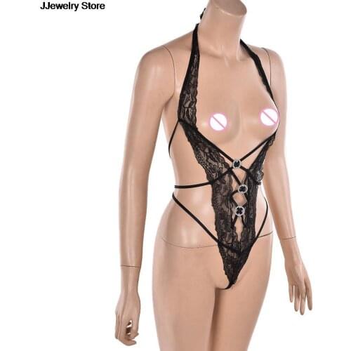 1Pc Black Women Sexy Bodysuits Lingerie G String Lace Floral Sling Nightwear Underwear Sleepwear Teddies