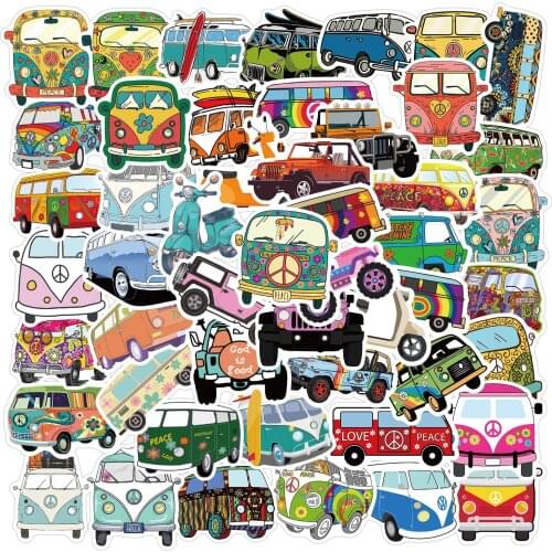 50Pcs Retro Hippies Style Bus Stickers Love And Peace Decal For Motorcycle Laptop Luggage Skateboard Waterproof Diary Stationery