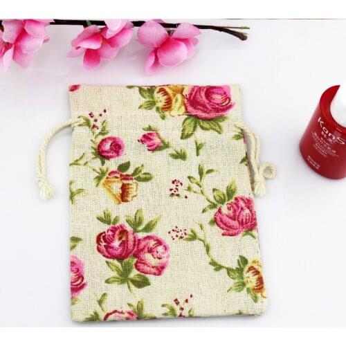 10pcs 10*14cm Rose Design Cotton Bags Drawstring Gift Bag Incense Storage Linen Bag Keychain Jewelry Candy Gifts Packaging Bags
